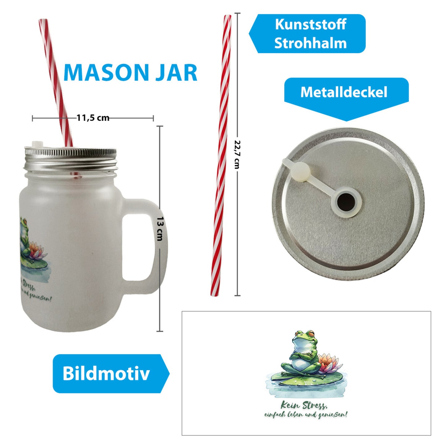 Frosch auf Seerose Mason Jar Henkel Trinkglas mit Deckel mit Spruch Kein Stress einfach leben und genießen