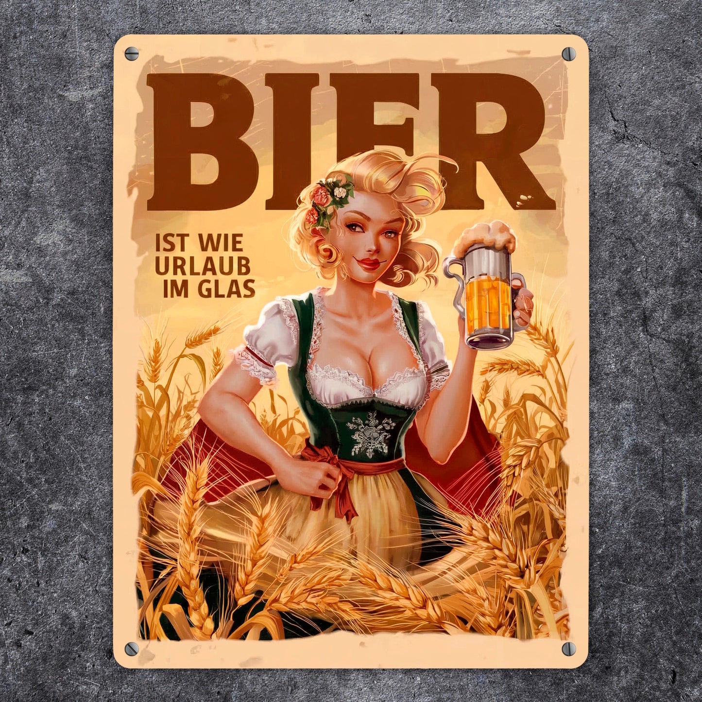 Frau im Dirndl - Bier ist wie Urlaub Metallschild XL in 21x28 cm