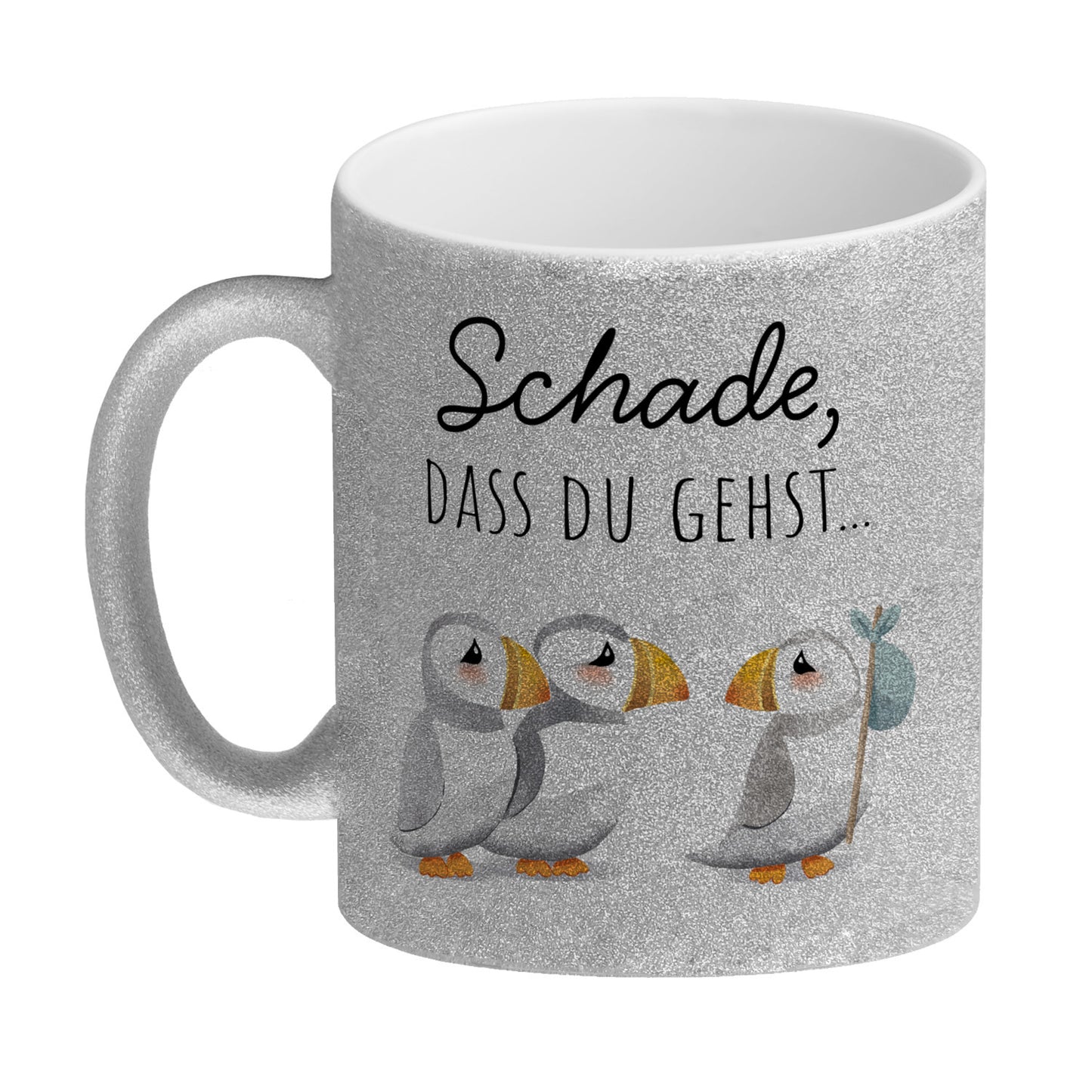 Schade, dass du gehst Papageitaucher Glitzer-Kaffeebecher Abschied Kollege