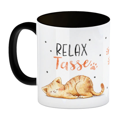 Relaxte Katze Kaffeebecher in schwarz mit Spruch Relax Tasse