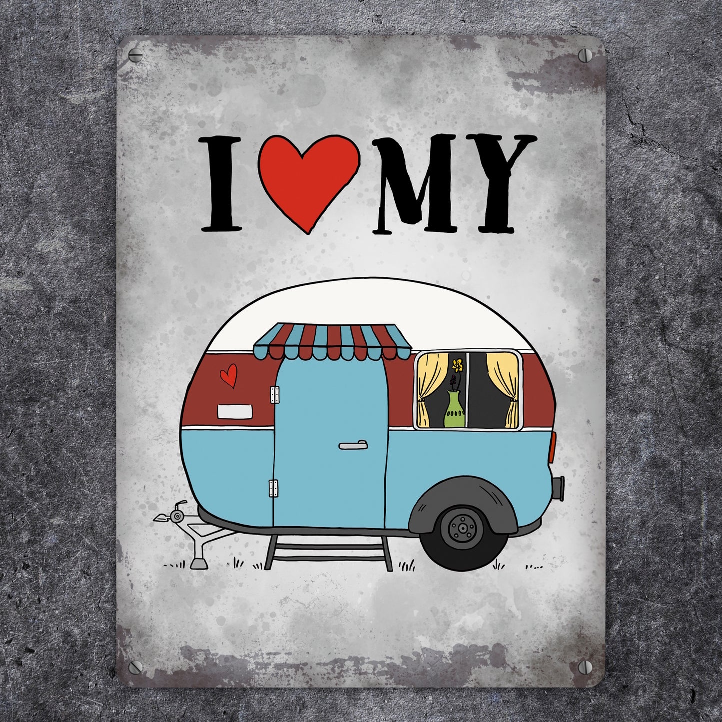 Metallschild XL mit Wohnwagen Motiv und Spruch: I love my Caravan