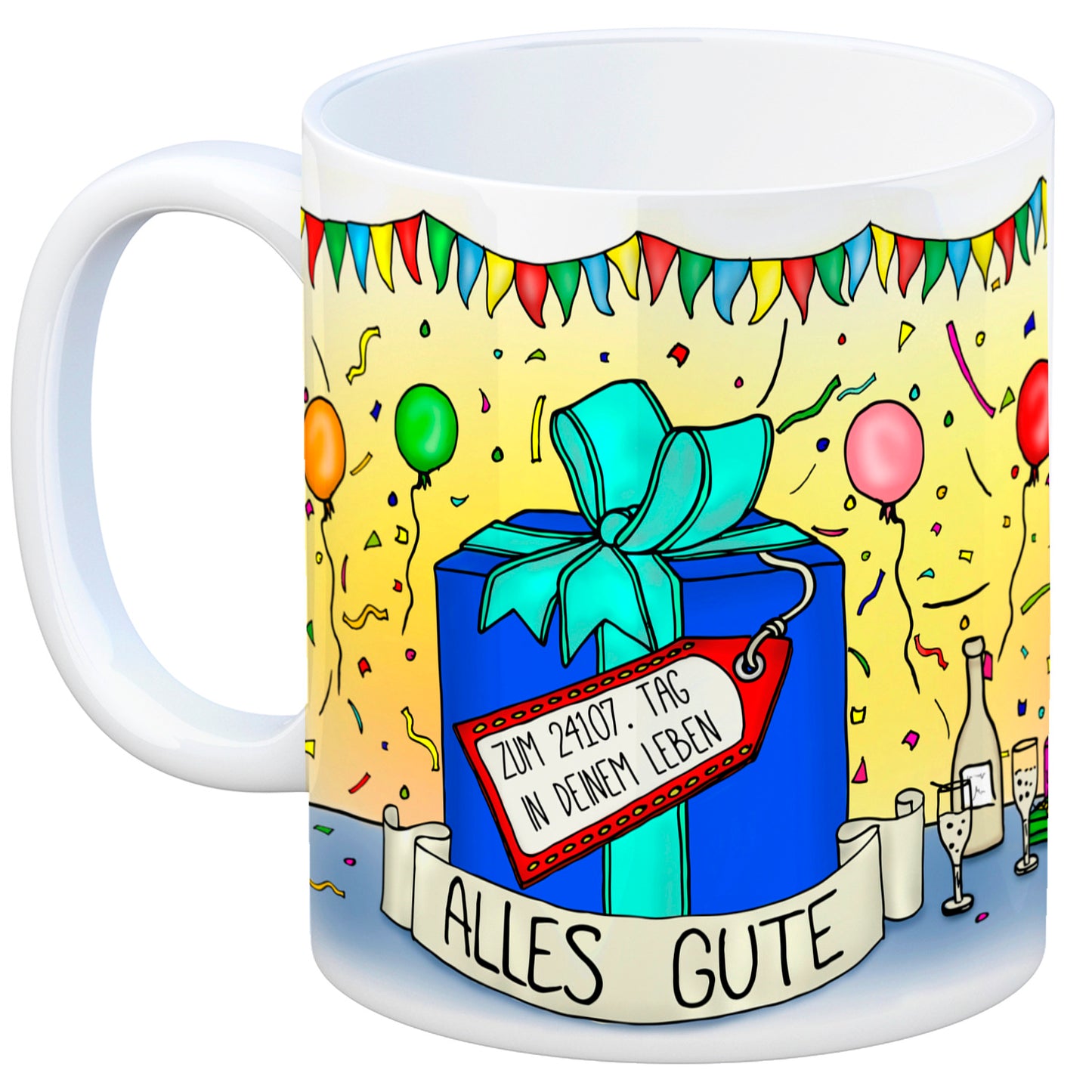 66. Geburtstag Tasse mit Kuchen und Geschenk und Anhänger: zum 24107. Tag