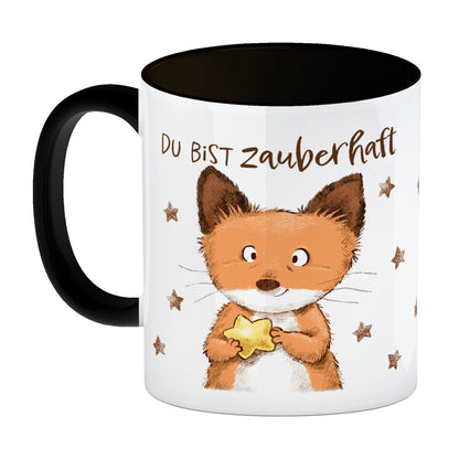 Fuchs Kaffeebecher in schwarz mit Spruch Du bist zauberhaft