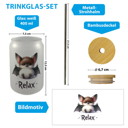 Baby Fledermaus Trinkglas mit Bambusdeckel mit Spruch Relax