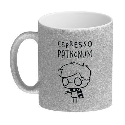 Zauberer mit Espresso Glitzer-Kaffeebecher mit Spruch Espresso Patronum