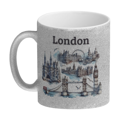 Skyline London Glitzer-Kaffeebecher mit Spruch London