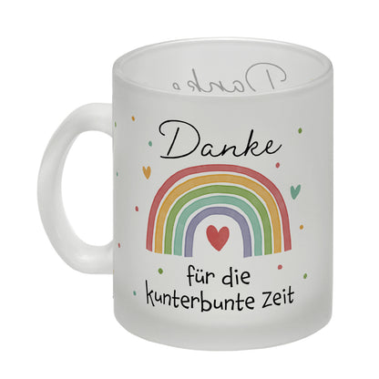 Regenbogen Glas Tasse mit Spruch Danke für die kunterbunte Zeit