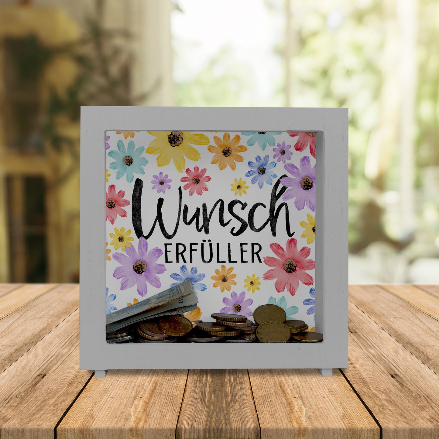 Blumen Rahmen Spardose aus Holz mit Spruch Wunscherfüller