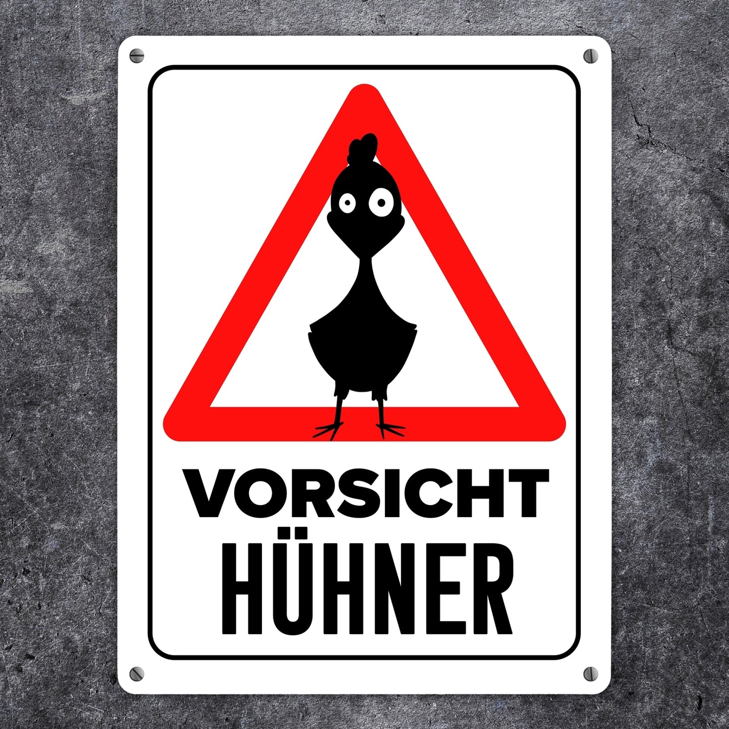 Vorsicht Hühner Metallschild XL in 21x28 cm mit Huhn Silhouette