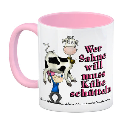 Wer Sahne will muss Kühe schütteln Kaffeebecher Henkel und Innenseite Rosa mit geschüttelte Kuh Motiv