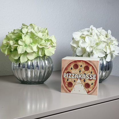 Pizzakasse Spardose aus Holz mit Pizzamotiv