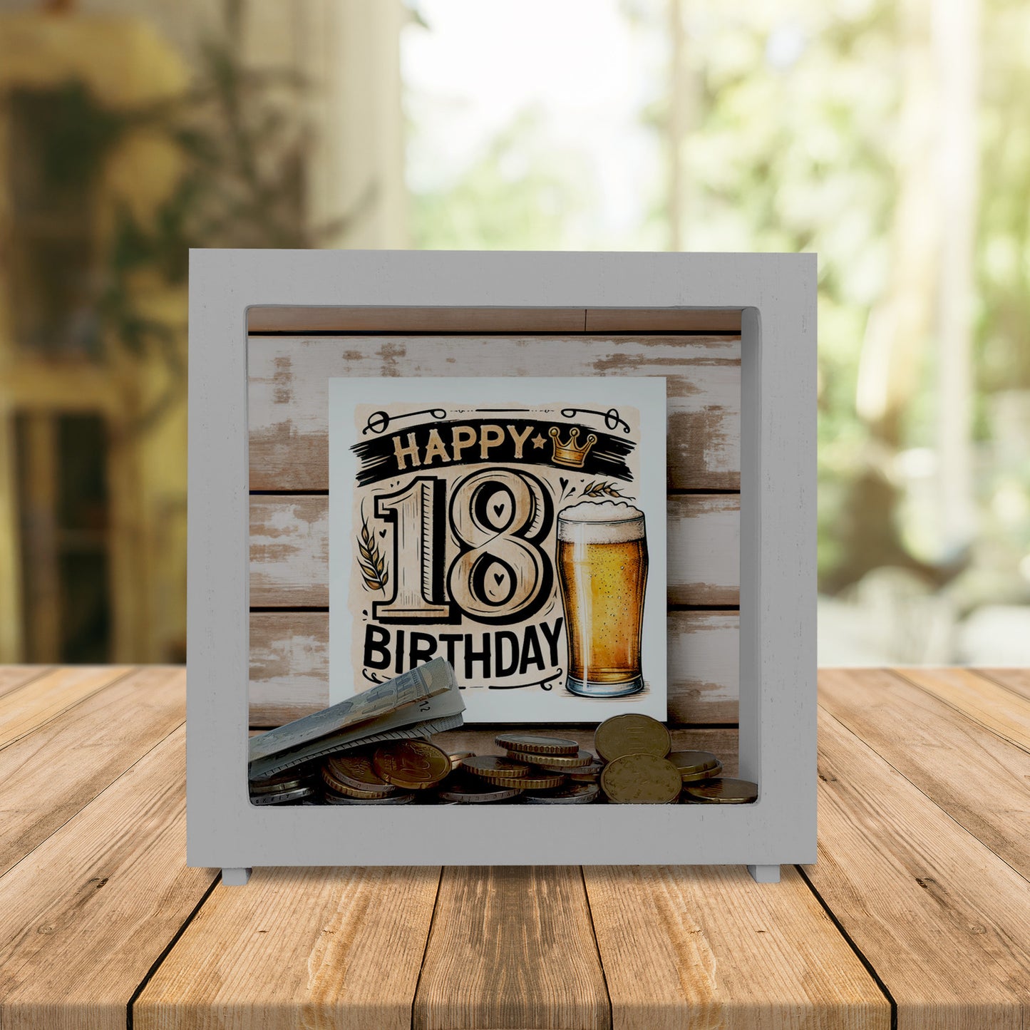 18. Geburtstag Bier Rahmen Spardose aus Holz mit Spruch Happy Birthday 18