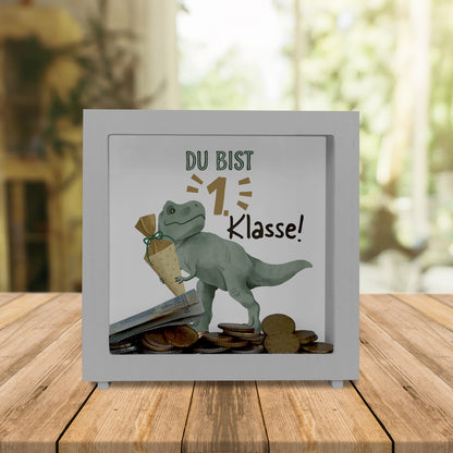 Dino mit Schultüte Rahmen Spardose aus Holz mit Spruch Du bist 1. Klasse!