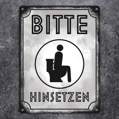 Bitte hinsetzen Metallschild XL in 21x28 cm für Badezimmer oder WC