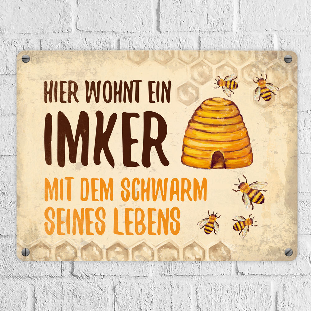 Imker mit Schwarm seines Lebens Blechschild in 15x20 cm