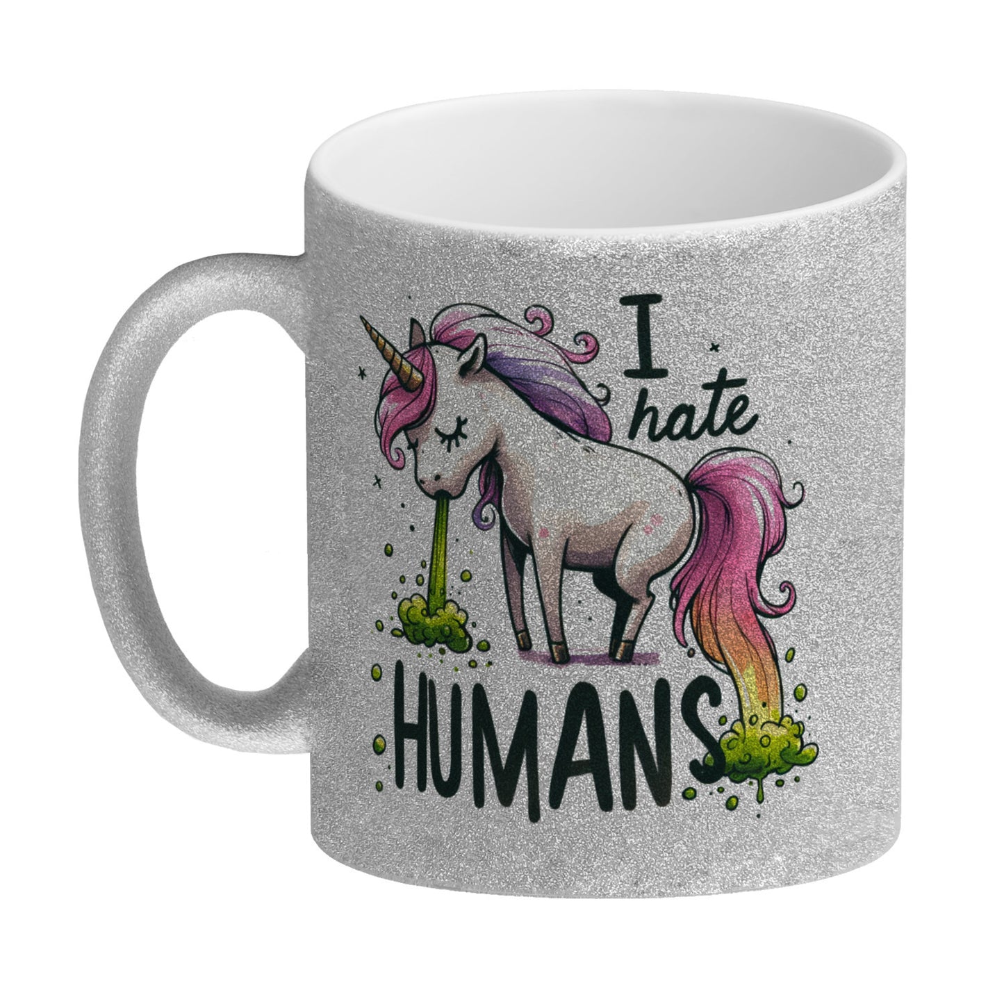 Kotzendes Einhorn Glitzer-Kaffeebecher mit Spruch I hate Humans