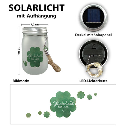 Glückslicht Solarlicht mit Kleeblatt und Spruch