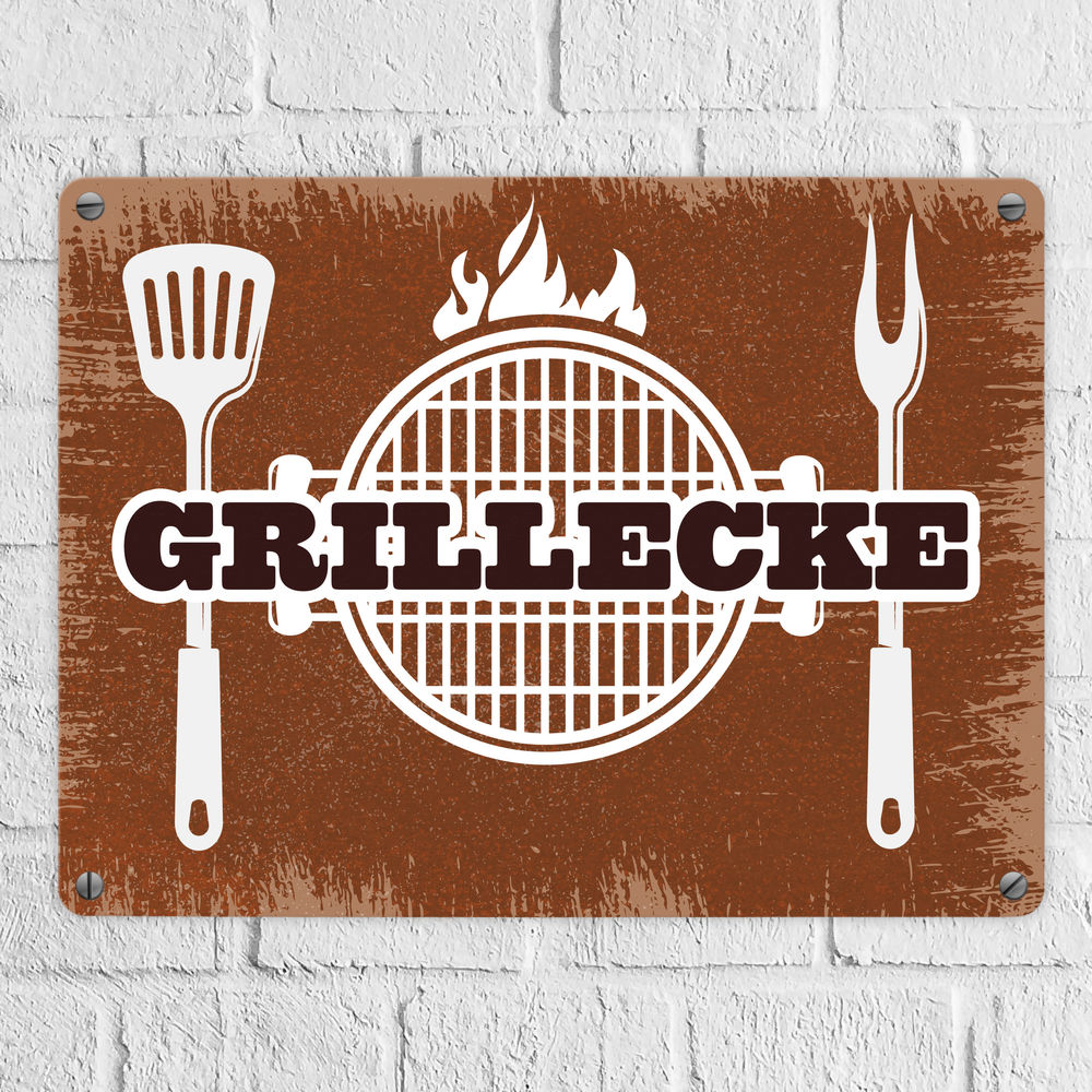 Grillecke Metallschild mit coolem Grillmotiv auf rostbraunem Hintergrund