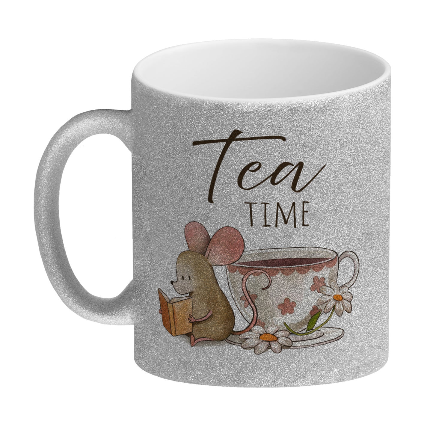 Maus mit Buch Glitzer-Kaffeebecher mit Spruch Tea Time