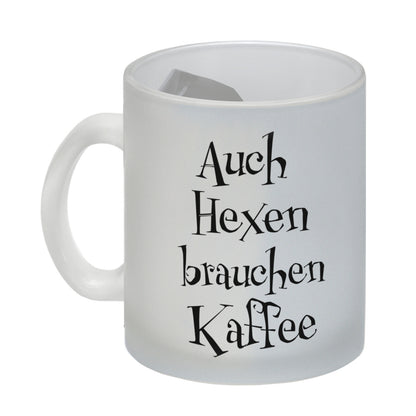 Glas Tasse mit lustigem Motiv und Spruch - Auch Hexen brauchen Kaffee -