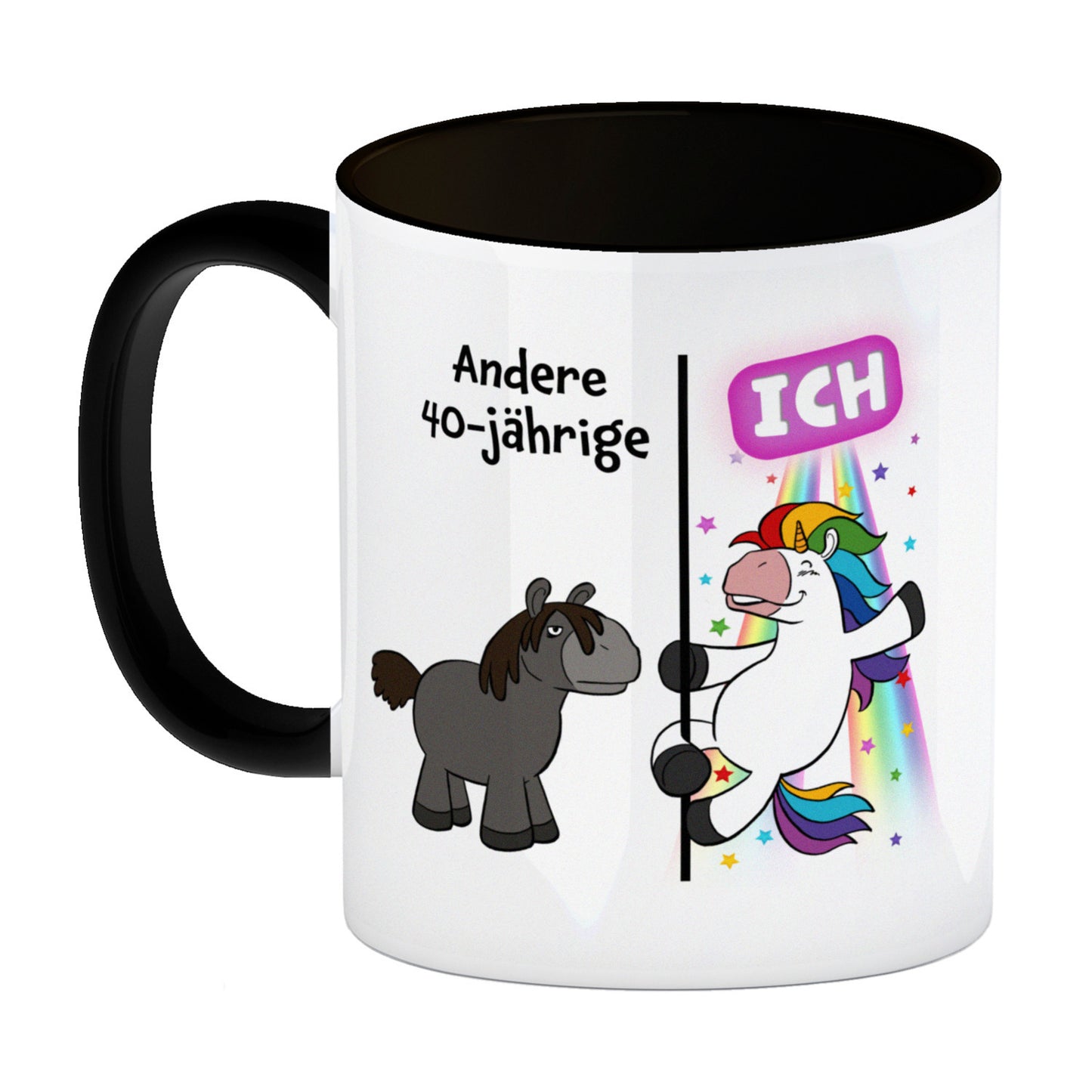 40. Geburtstag Kaffeebecher Schwarz mit lustigem Spruch: Einhorn