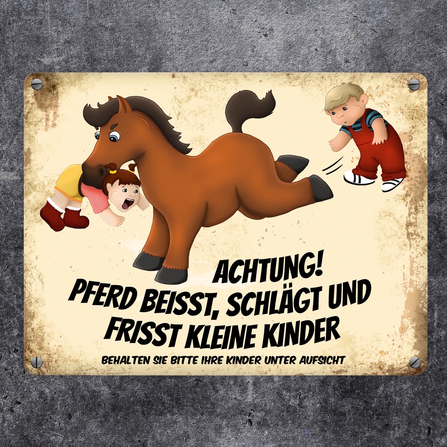 Metallschild mit Pferde Motiv und Spruch: Achtung! Pferd beisst, schlägt ...