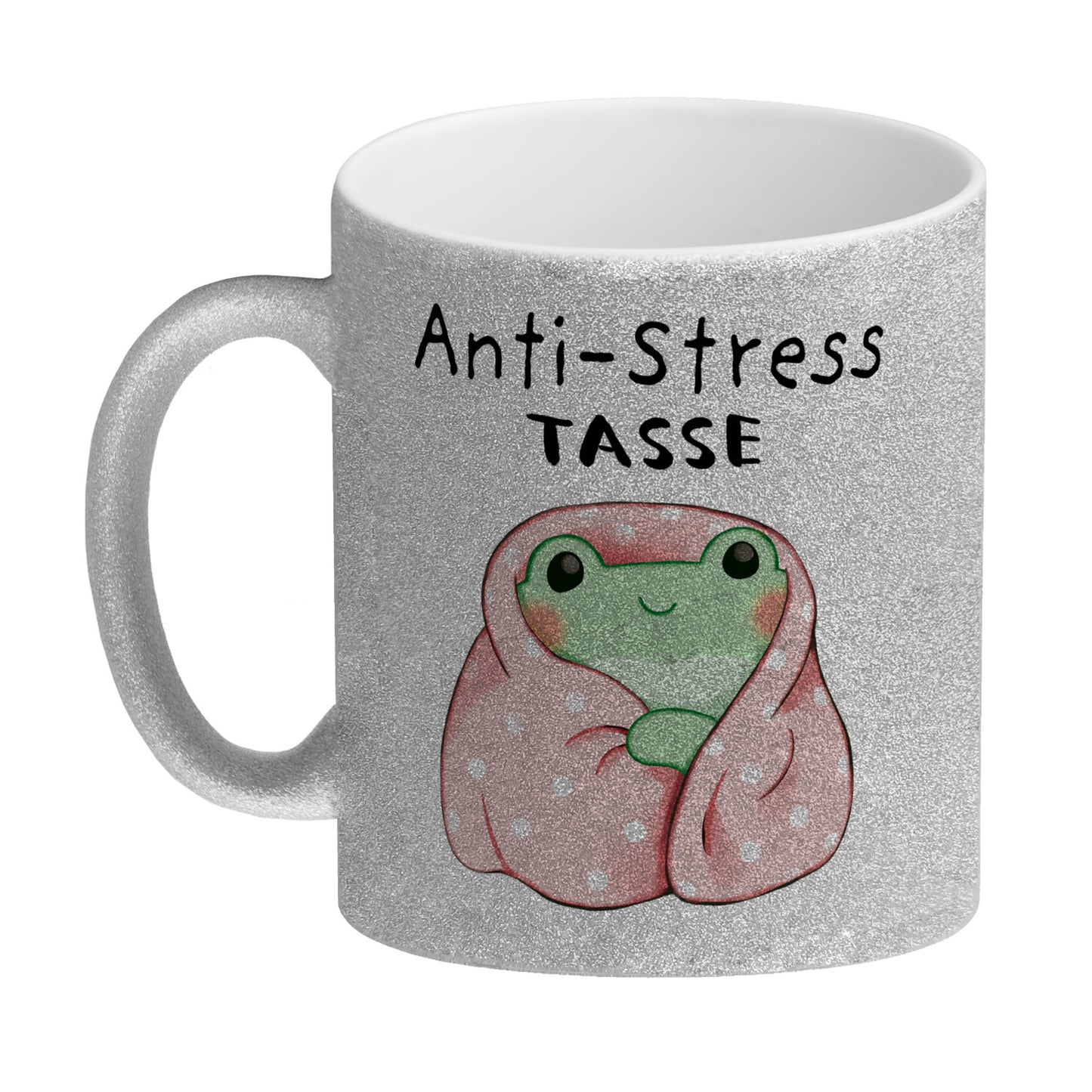 Frosch in rosa Decke mit Spruch Anti-Stress Tasse