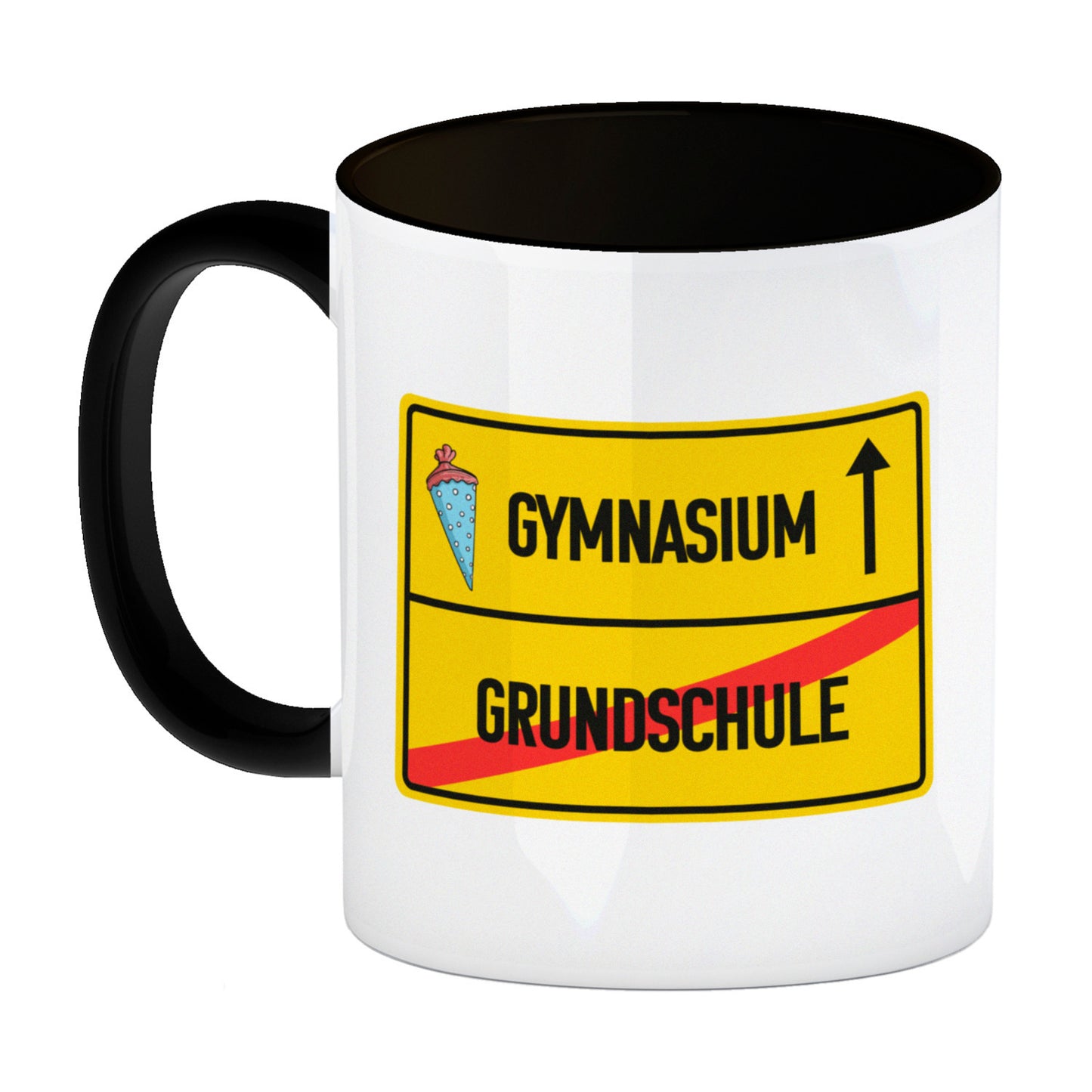 Gymnasium Ortsschild Kaffeebecher Schwarz zur Einschulung