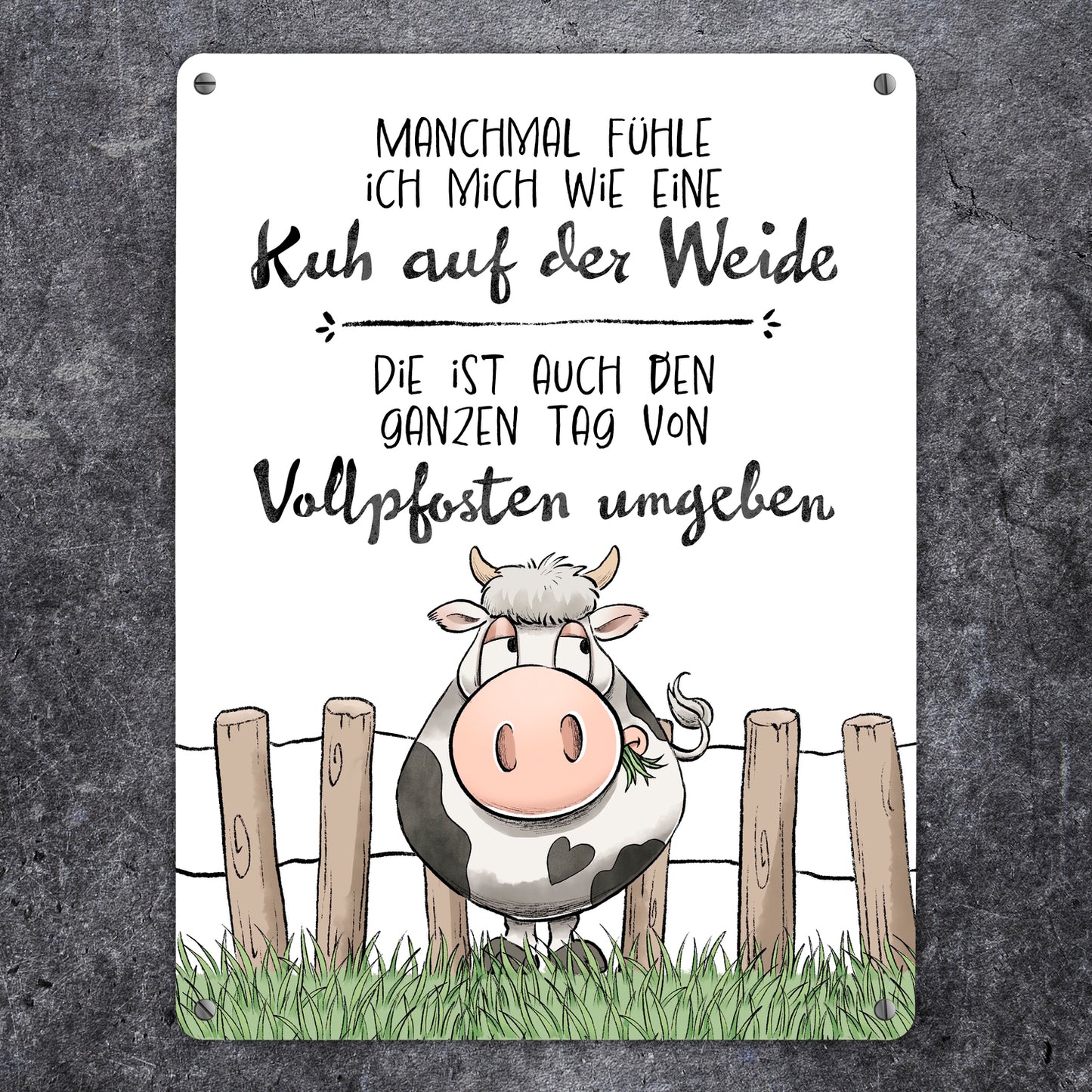 Kuh Metallschild XL in 21x28 cm mit Spruch Von Vollpfosten umgeben wie eine Kuh