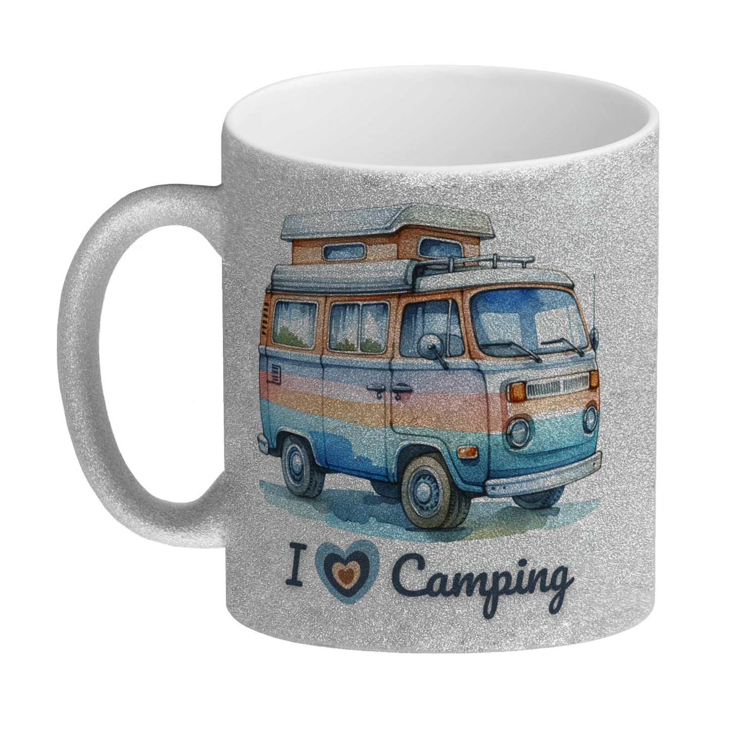 Campervan Glitzer-Kaffeebecher mit Spruch I love Camping