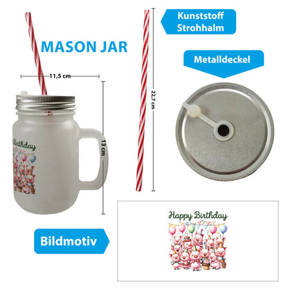 Schweine Party Mason Jar Henkel Trinkglas mit Deckel mit Spruch Happy Birthday