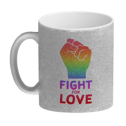 Fight for Love Glitzer-Kaffeebecher mit Faust in Regenbogenfarben