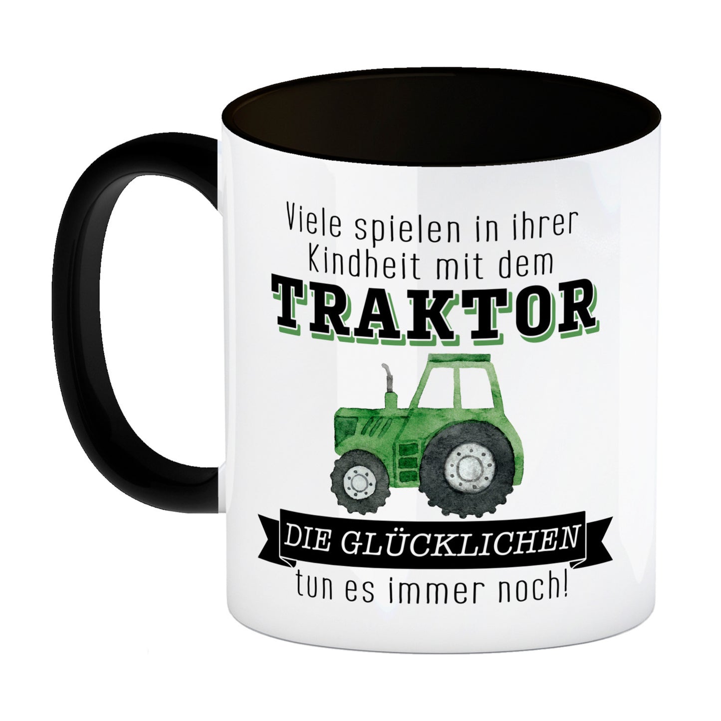 Traktor Kaffeebecher in schwarz mit Spruch Kindheitsträume - Für immer Traktor fahren