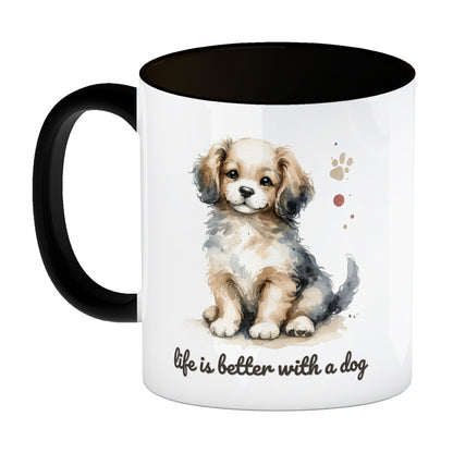 niedlicher Hund Kaffeebecher in schwarz mit Spruch life is better with a dog