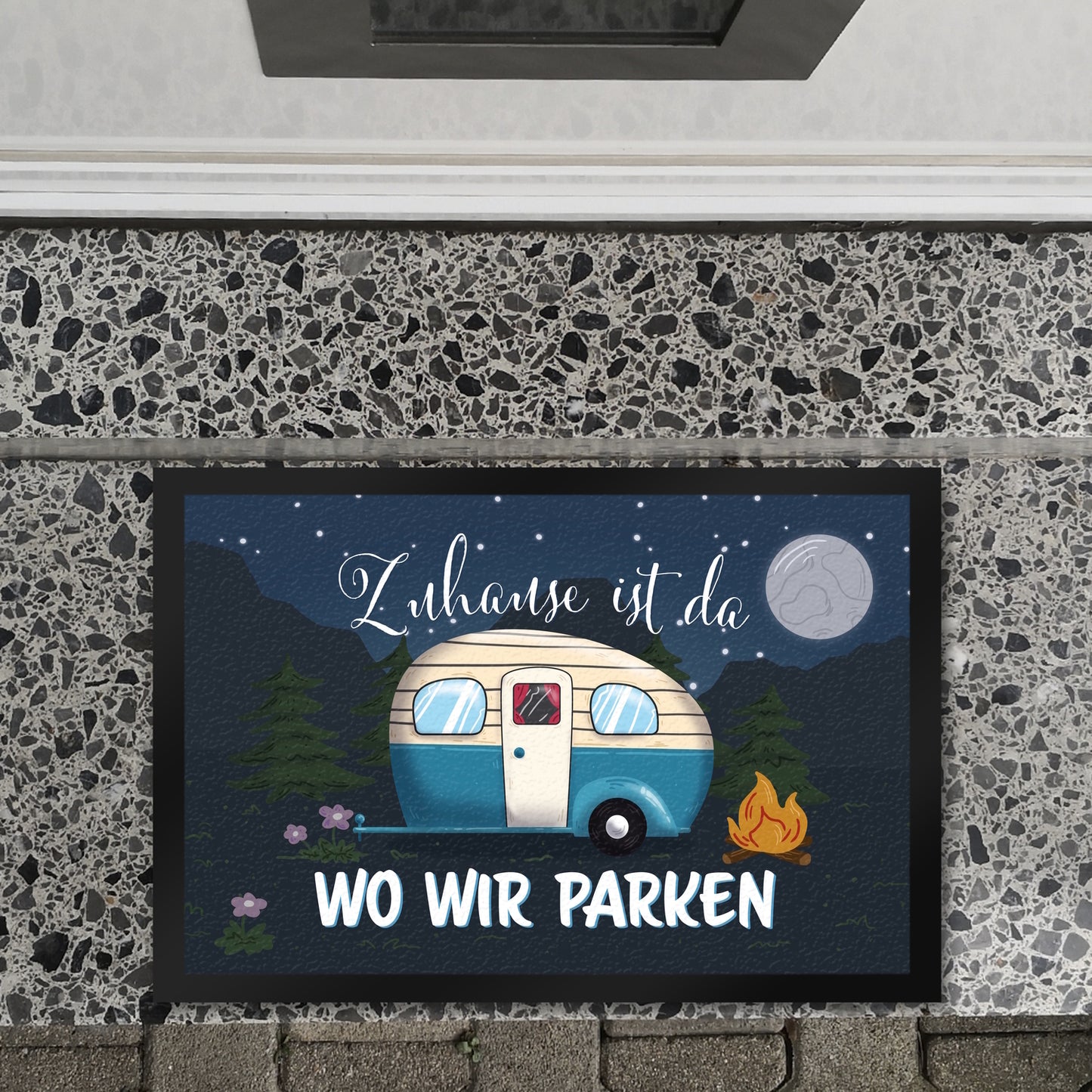 Zuhause ist da, wo wir parken Nachthimmel Fußmatte XL in 40x60 cm mit Camper-Motiv