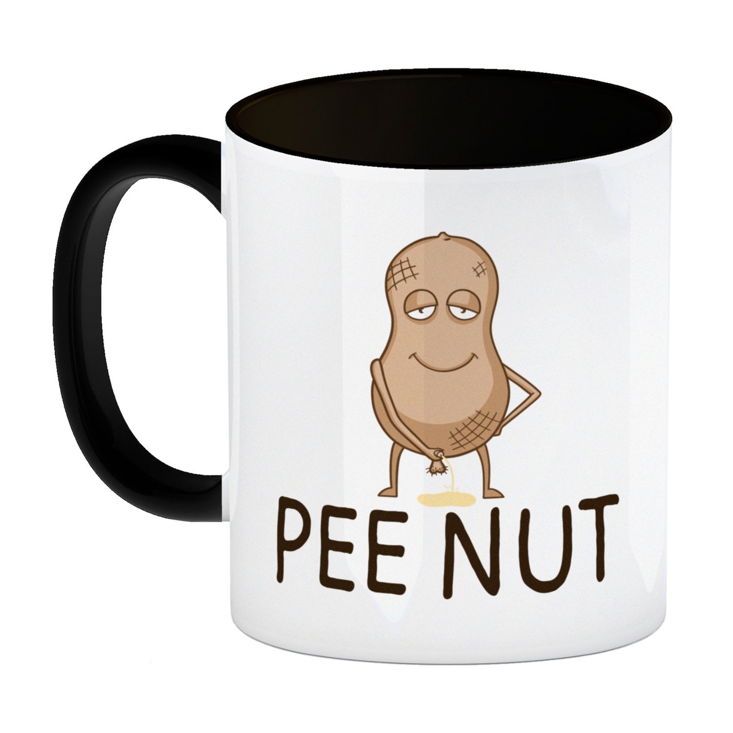 Pee nut Kaffeebecher Schwarz mit pinkelnder Erdnuss