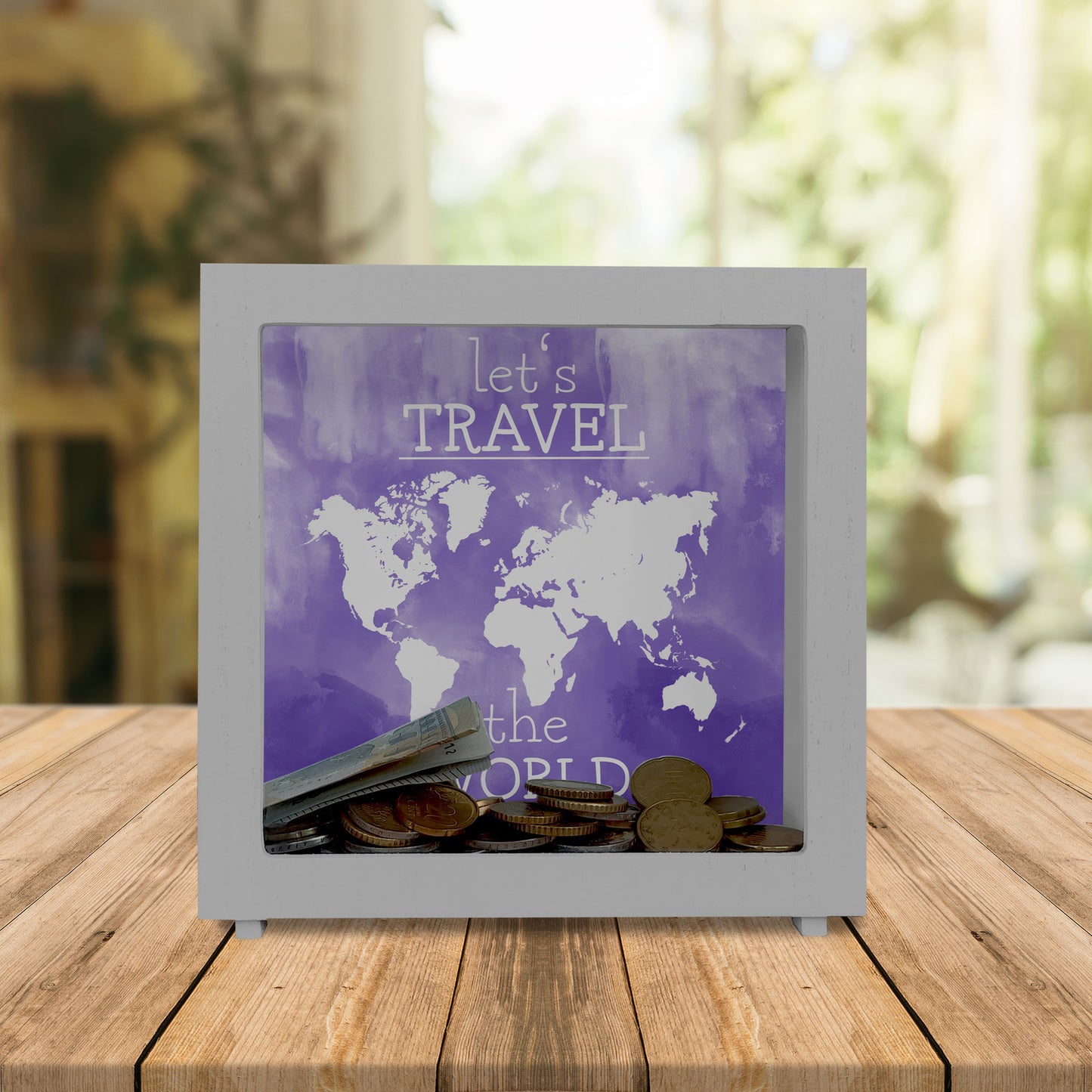 Rahmen Spardose aus Holz mit Weltkarten Motiv und Text - let's travel the world in Lila