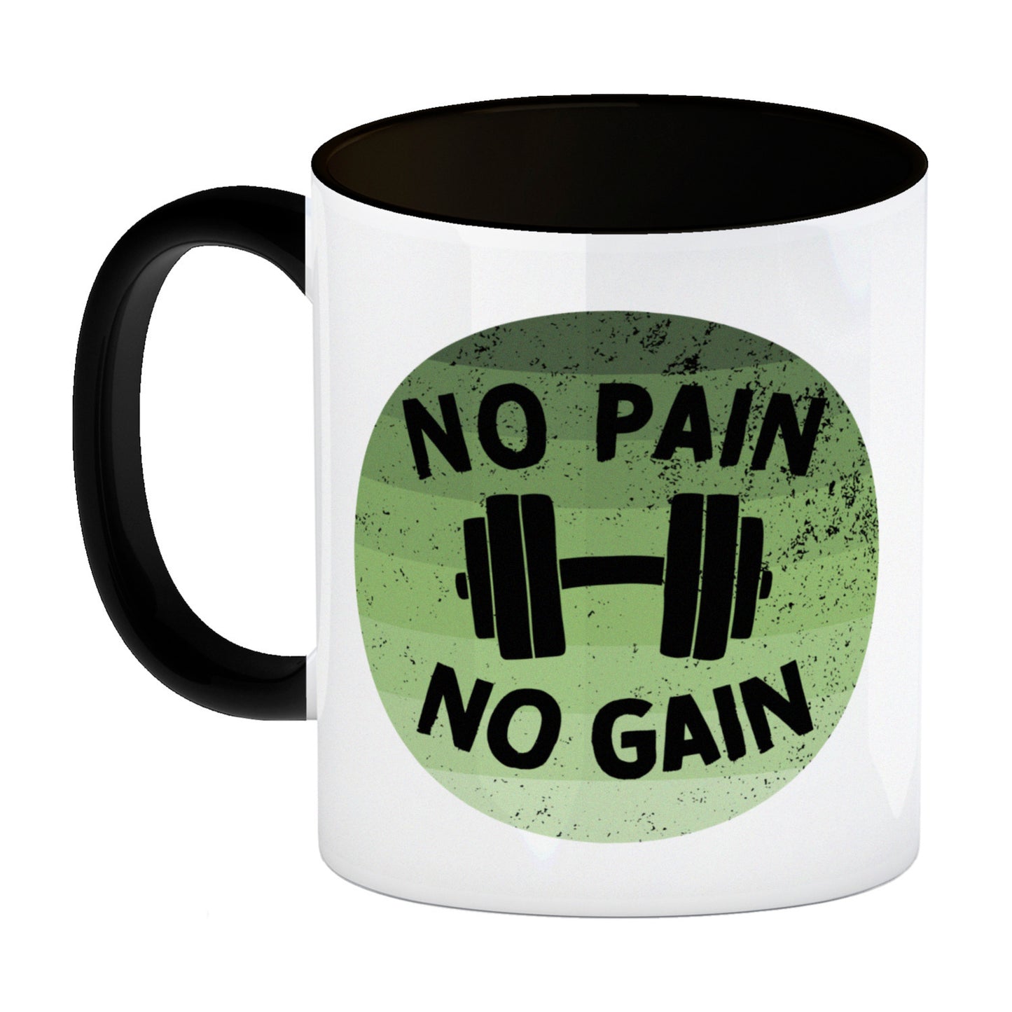 No pain no gain Fitness Kaffeebecher Schwarz mit Hantel