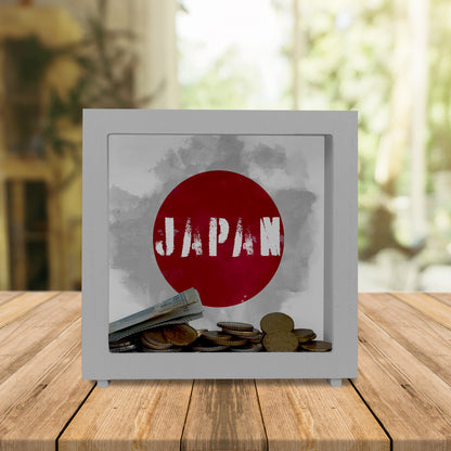 Rahmen Spardose aus Holz mit Japan-Flagge im Used Look - Sparschwein für Urlauber