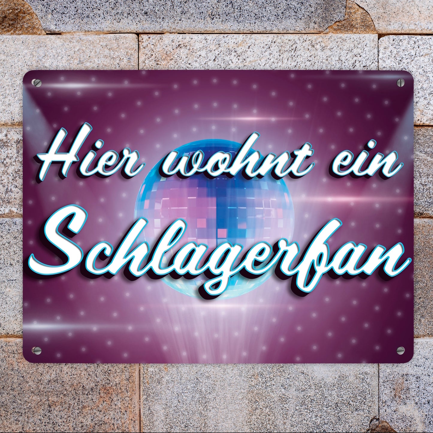 Hier wohnt ein Schlagerfan Metallschild XL in 21x28 cm mit Discokugel