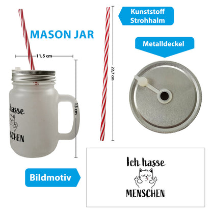 Mittelfinger Katze Mason Jar Henkel Trinkglas mit Deckel mit Spruch Ich hasse Menschen