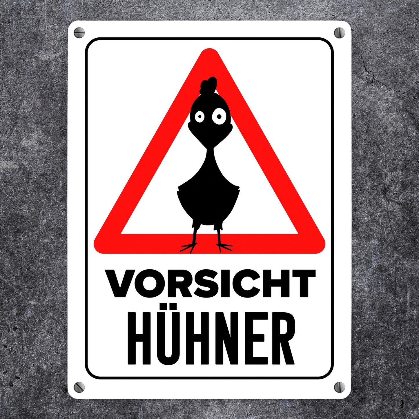 Vorsicht Hühner Metallschild in 15x20 cm mit Huhn Silhouette