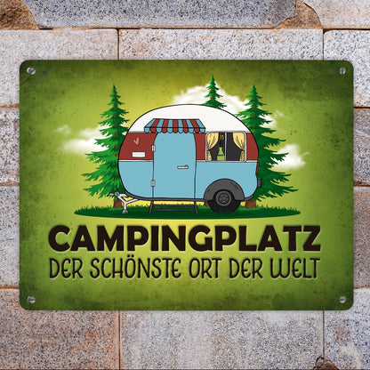 Metallschild XL mit Wohnwagen Motiv und Spruch: Campingplatz