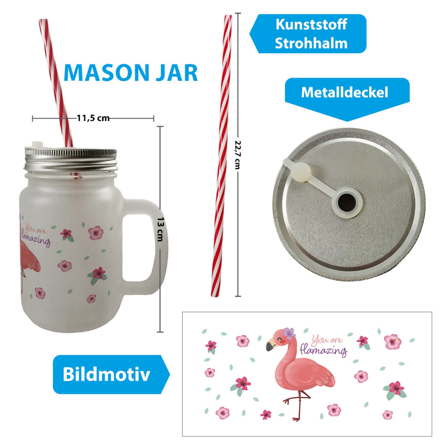 Flamingo Mason Jar Henkel Trinkglas mit Deckel mit Spruch You are flamazing