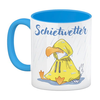 Möwe Kaffeebecher in hellblau mit Spruch Schietwetter