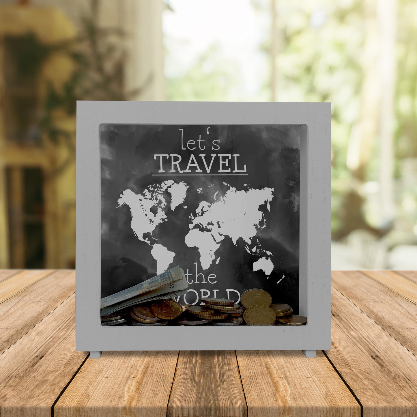 Rahmen Spardose aus Holz mit Weltkarten Motiv und Text - let's travel the world in Schwarz