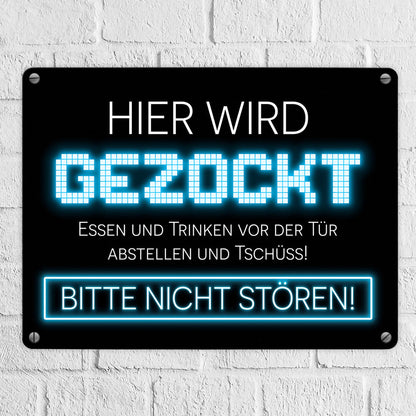 Hier wird gezockt Metallschild in 15x20 cm für Gamer in blau