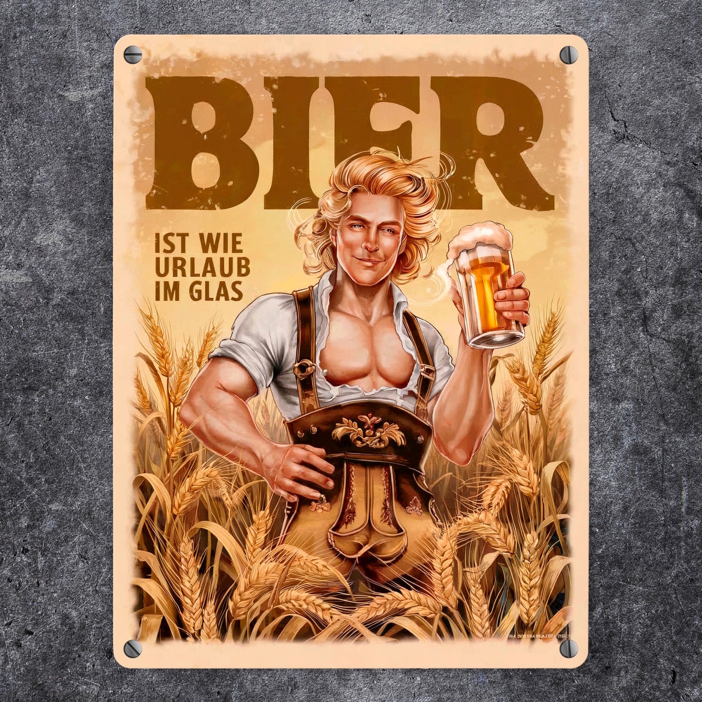 Blonder Mann mit Bier - Urlaub im Glas Metallschild in 15x20 cm