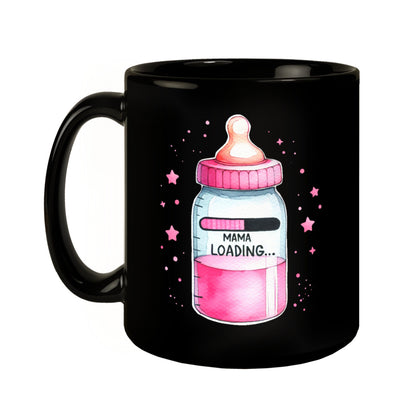 Werdende Mama Babyflasche Tasse in Schwarz mit Spruch Mama Loading