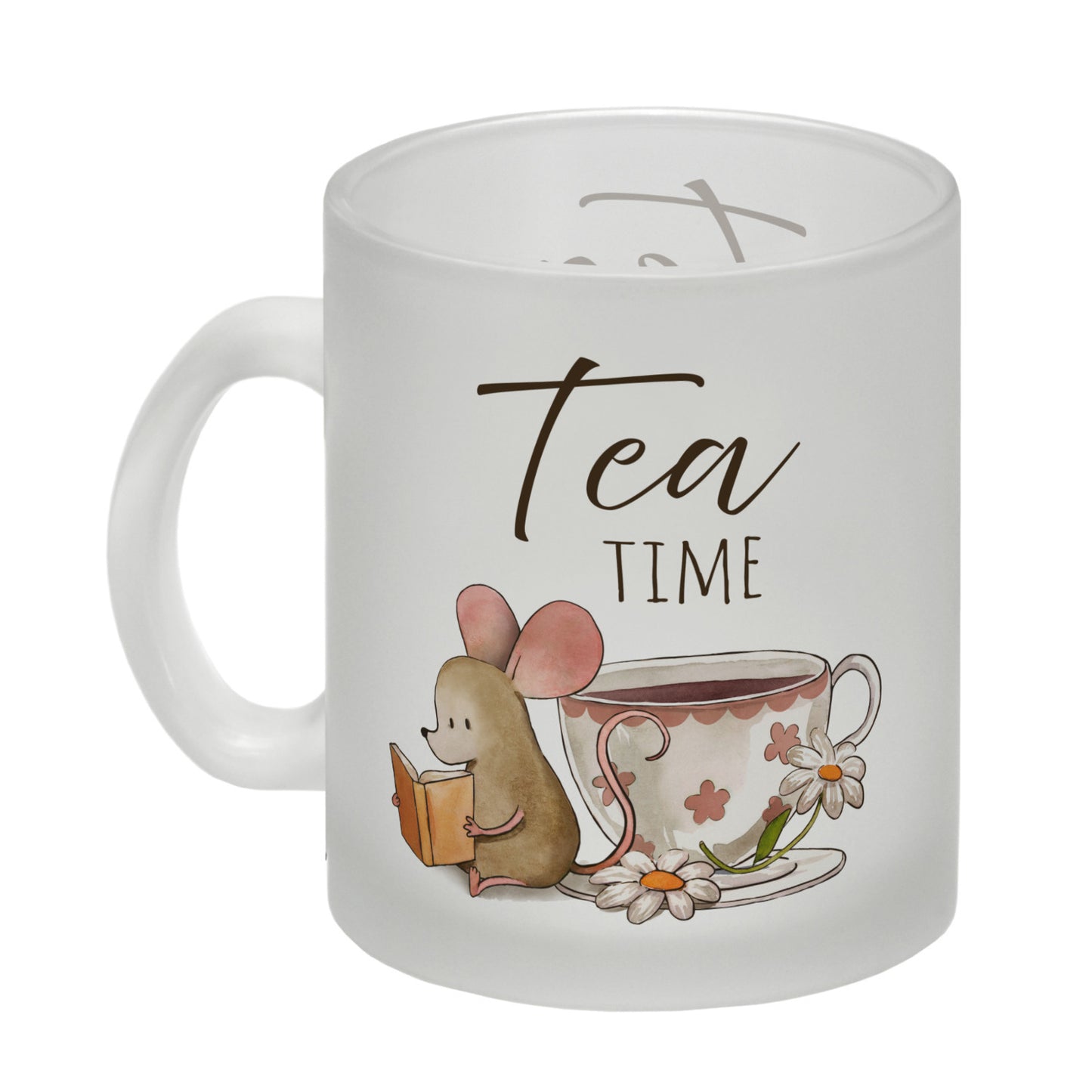 Maus mit Buch Glas Tasse mit Spruch Tea Time